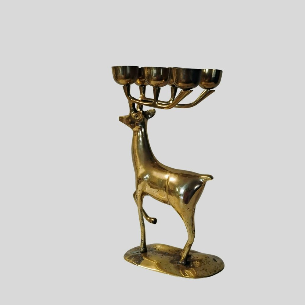 Vintage Brass Deer Candleholder, Reindeer Candelabra, 14" Mantel Stag Figurine - Picture 3 of 11